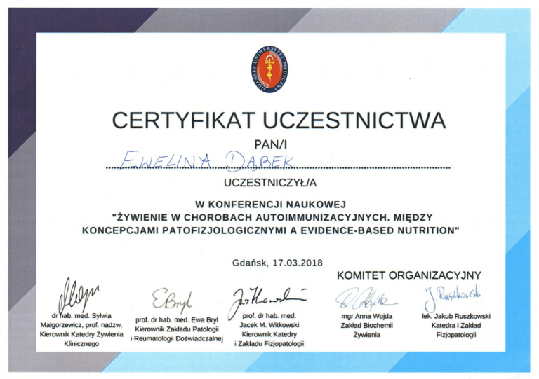 Certyfikat Dietetyk kliniczny Elbląg
